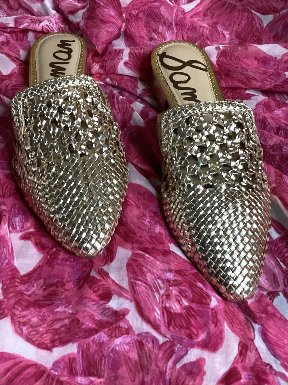 Sam Edelman Metallic Clara Gold Woven Leather Pointed Slip-On Mules 8M